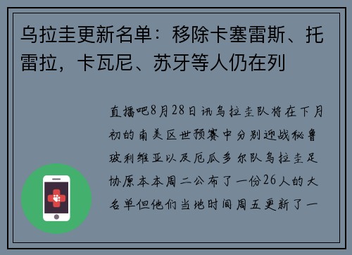 乌拉圭更新名单：移除卡塞雷斯、托雷拉，卡瓦尼、苏牙等人仍在列