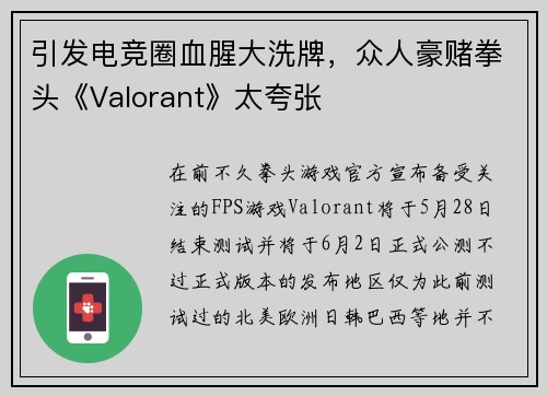 引发电竞圈血腥大洗牌，众人豪赌拳头《Valorant》太夸张