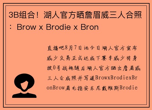 3B组合！湖人官方晒詹眉威三人合照：Brow x Brodie x Bron