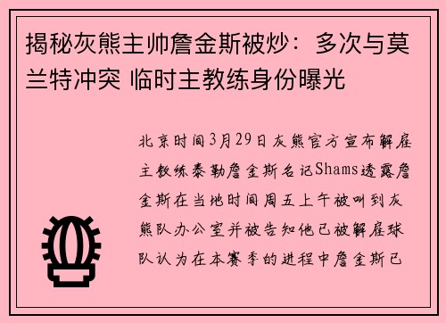 揭秘灰熊主帅詹金斯被炒：多次与莫兰特冲突 临时主教练身份曝光