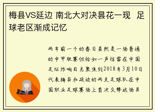 梅县VS延边 南北大对决昙花一现  足球老区渐成记忆