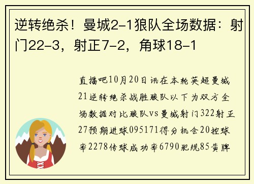逆转绝杀！曼城2-1狼队全场数据：射门22-3，射正7-2，角球18-1